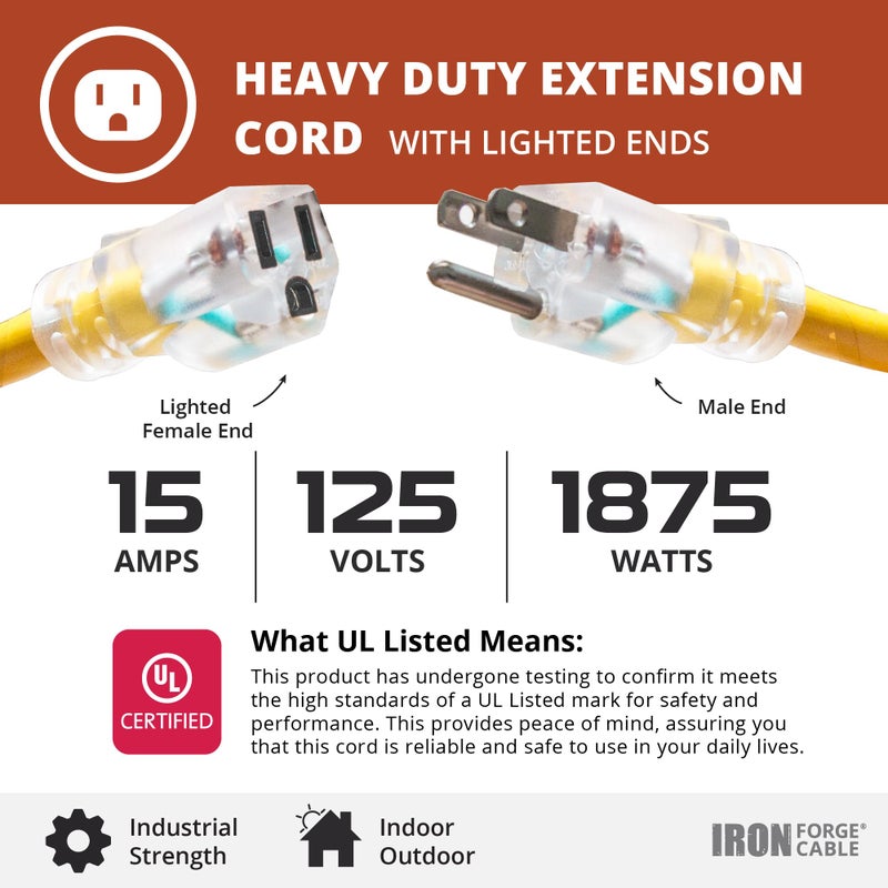 IRON FORGE CABLE 25 ft Lighted Outdoor Extension Cord - 12/3 SJTW Heavy Duty Yellow Extension Cable Extension Cable with 3 Prong Grounded Plug for Safety, 15AMP -Great for Garden and Major Appliances - Image 3